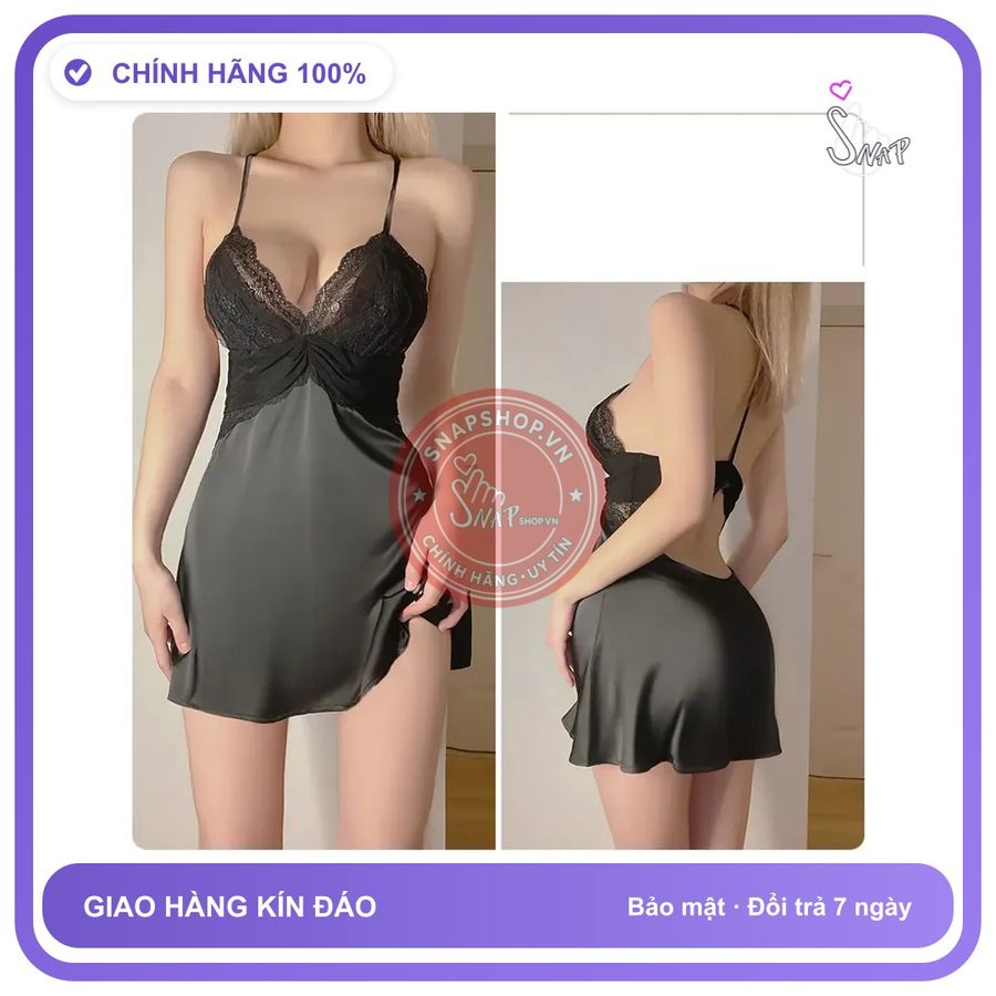 Váy Ngủ Lụa Phối Ren Ngực Gợi Cảm Dễ N178 Đen chính hãng - chất lụa mát mềm, freesize, set đầy đủ phụ kiện - giao hàng che tên kín đáo