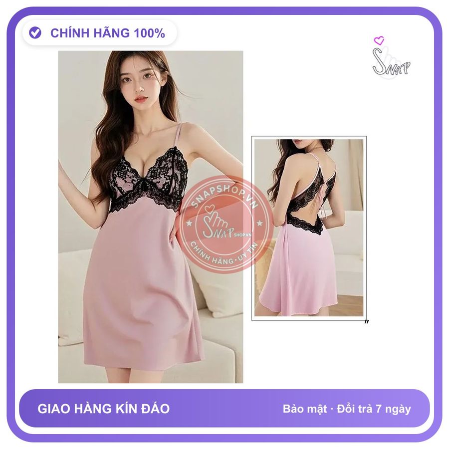 Váy Ngủ Lụa 2 Dây Xinh Phối Ren Hở N282 Hồng chính hãng - chất lụa mát mềm, freesize, chất vải mềm mát - giao hàng che tên kín đáo