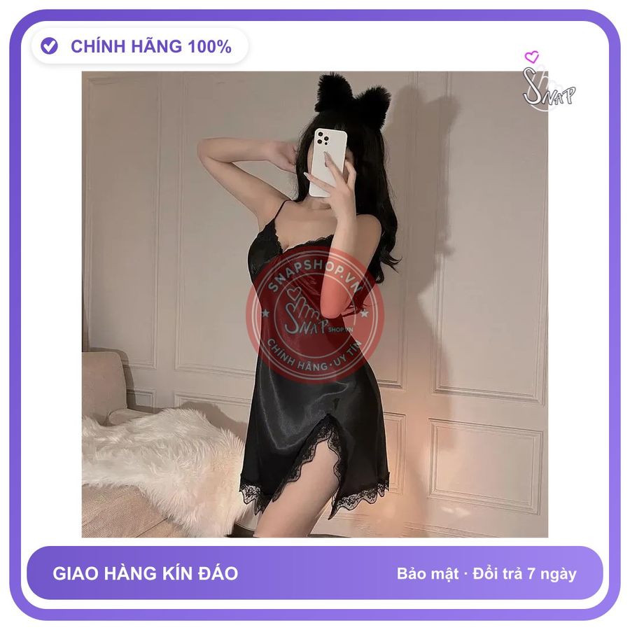 Váy Ngủ Phi Lụa Xẻ Tà Đùi Có Đệm N212 Đen chính hãng - chất lụa mát mềm, phối ren, freesize - giao hàng che tên kín đáo