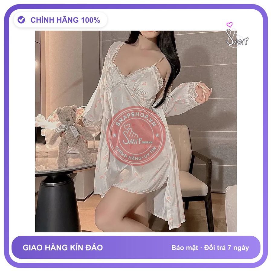 Váy Ngủ Lụa Sexy Họa Tiết Trái Tim Siêu N206 Trắng chính hãng - chất lụa mát mềm, phối ren, freesize - giao hàng che tên kín đáo