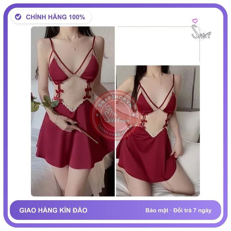 Váy Ngủ Sexy Phối Ren Ngực Hở Lưng Gợi N272 Đỏ chính hãng - chất lụa mát mềm, co giãn thoải mái, freesize - giao hàng che tên kín đáo