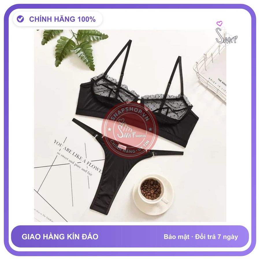 Bộ Đồ Lót Ren Bèo Chấm Bi Cực Xinh T337 Đen chính hãng - phối ren, co giãn thoải mái, freesize - giao hàng che tên kín đáo