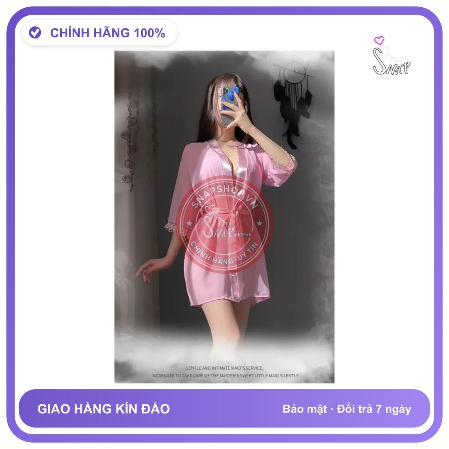 Áo Choàng Ngủ Xuyên Thấu Phối Ren Mềm Mại N256 Hồng chính hãng - chất lụa mát mềm, freesize, set đầy đủ phụ kiện - giao hàng che tên kín đáo