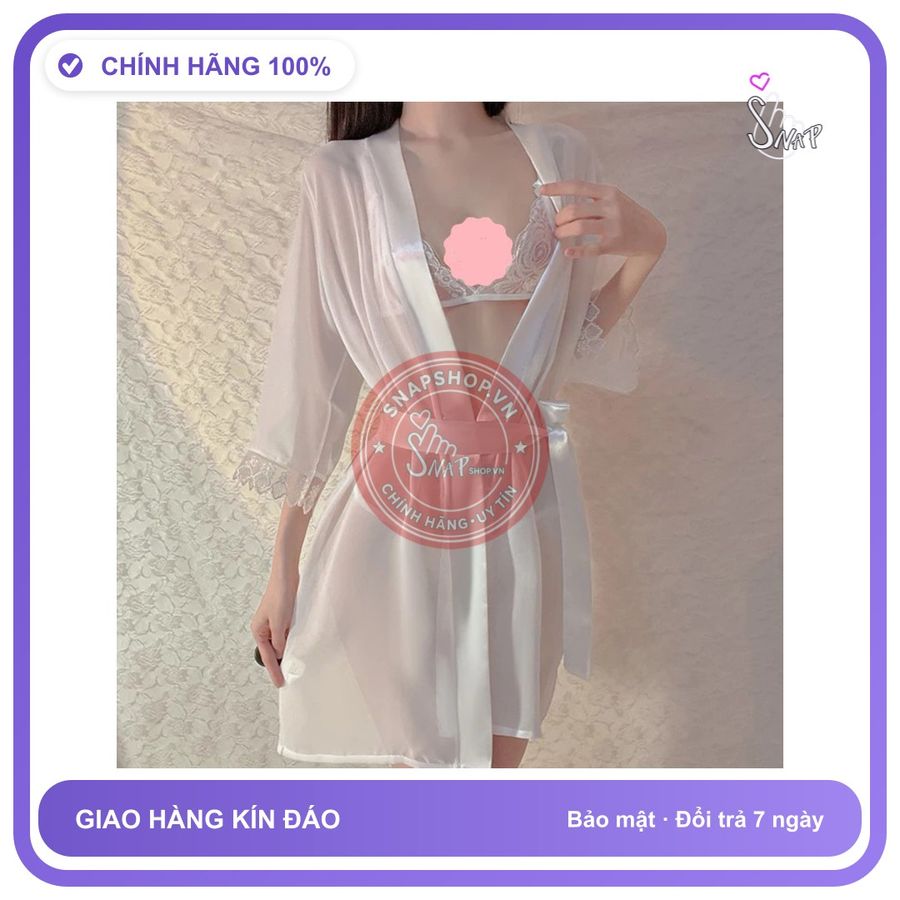 Áo Choàng Ngủ Xuyên Thấu Phối Ren Mềm Mại N256 Trắng chính hãng - chất lụa mát mềm, freesize, set đầy đủ phụ kiện - giao hàng che tên kín đáo