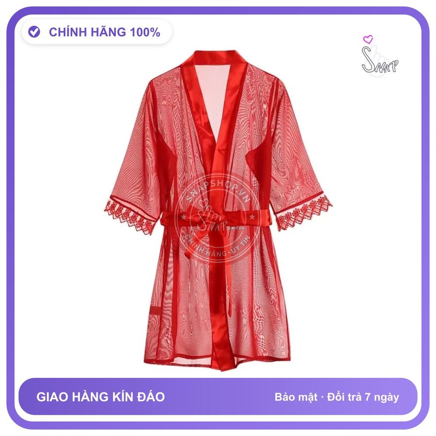 Áo Choàng Ngủ Xuyên Thấu Phối Ren Mềm Mại N256 Đỏ chính hãng - chất lụa mát mềm, freesize, set đầy đủ phụ kiện - giao hàng che tên kín đáo