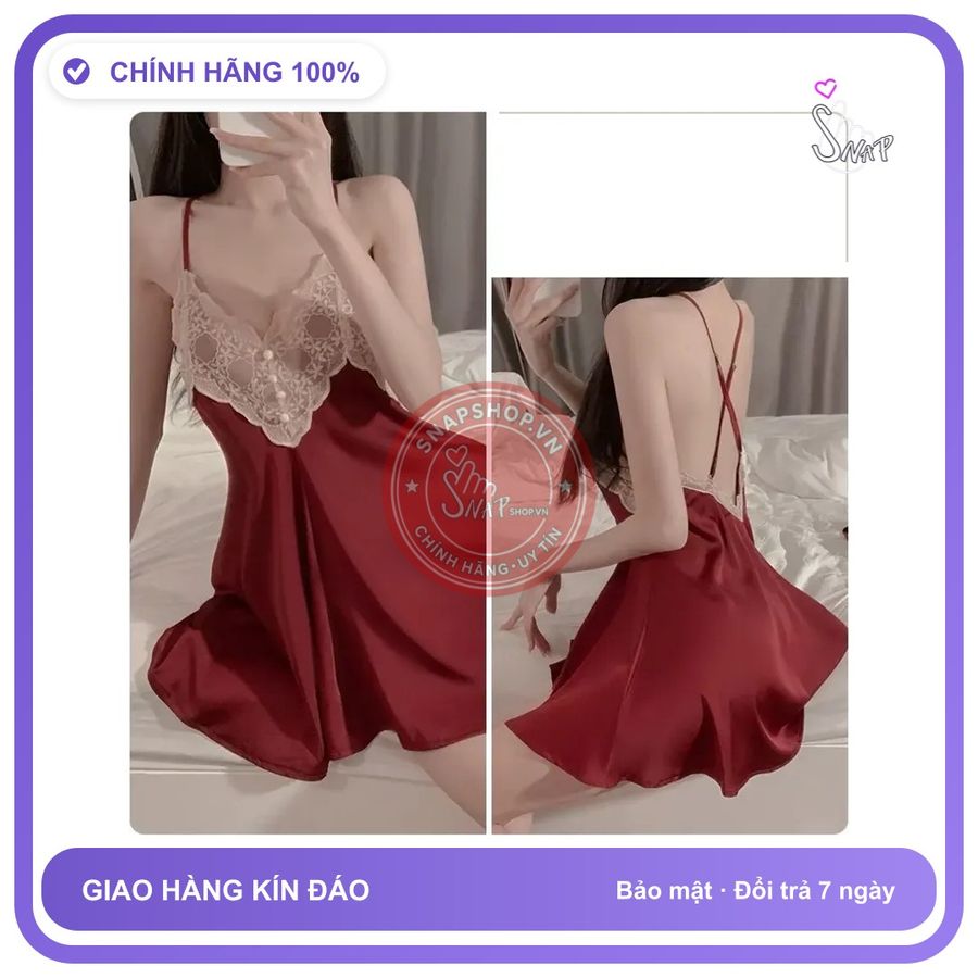 Váy Ngủ Lụa Sexy Phối Ren Hoa Gợi Cảm N136 Đỏ chính hãng - chất lụa mát mềm, freesize, set đầy đủ phụ kiện - giao hàng che tên kín đáo