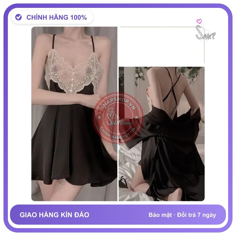 Váy Ngủ Lụa Sexy Phối Ren Hoa Gợi Cảm N136 Đen chính hãng - chất lụa mát mềm, freesize, set đầy đủ phụ kiện - giao hàng che tên kín đáo
