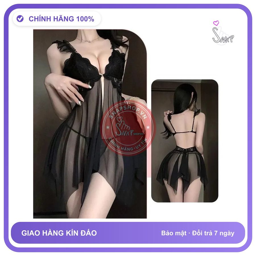 Váy Ngủ Nữ Xuyên Thấu Có Mút Ngực Khoá N155 Đen chính hãng - phối ren, co giãn thoải mái, freesize - giao hàng che tên kín đáo
