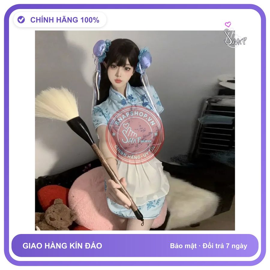 Cosplay Sườn Xám Cách Tân Kèm Tạp Dề Siêu N386 Xanh chính hãng - freesize, set đầy đủ phụ kiện, chất vải mềm mát - giao hàng che tên kín đáo