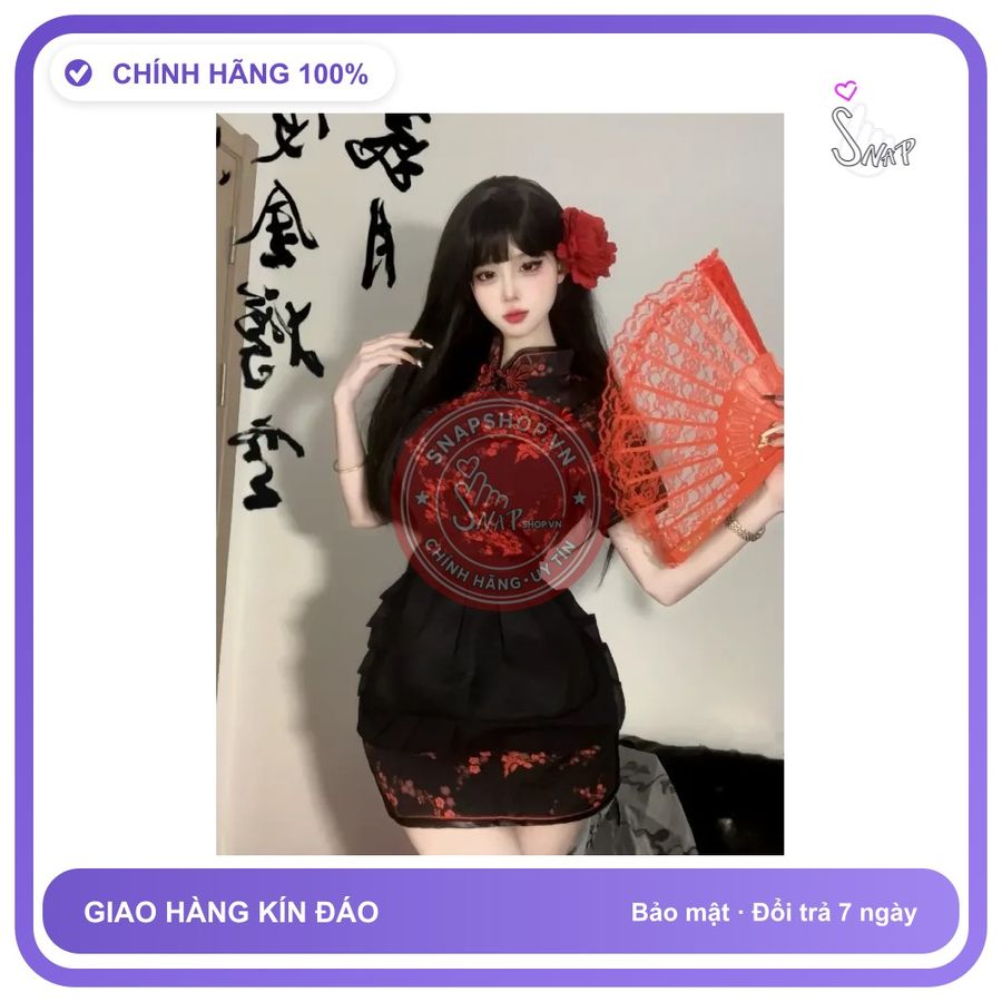 Cosplay Sườn Xám Cách Tân Kèm Tạp Dề Siêu N386 Đen chính hãng - freesize, set đầy đủ phụ kiện, chất vải mềm mát - giao hàng che tên kín đáo