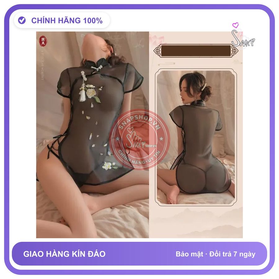 Sườn Xám Cách Tân Xuyên Thấu Đan Dây Hông N383 Đen chính hãng - phối ren, co giãn thoải mái, freesize - giao hàng che tên kín đáo