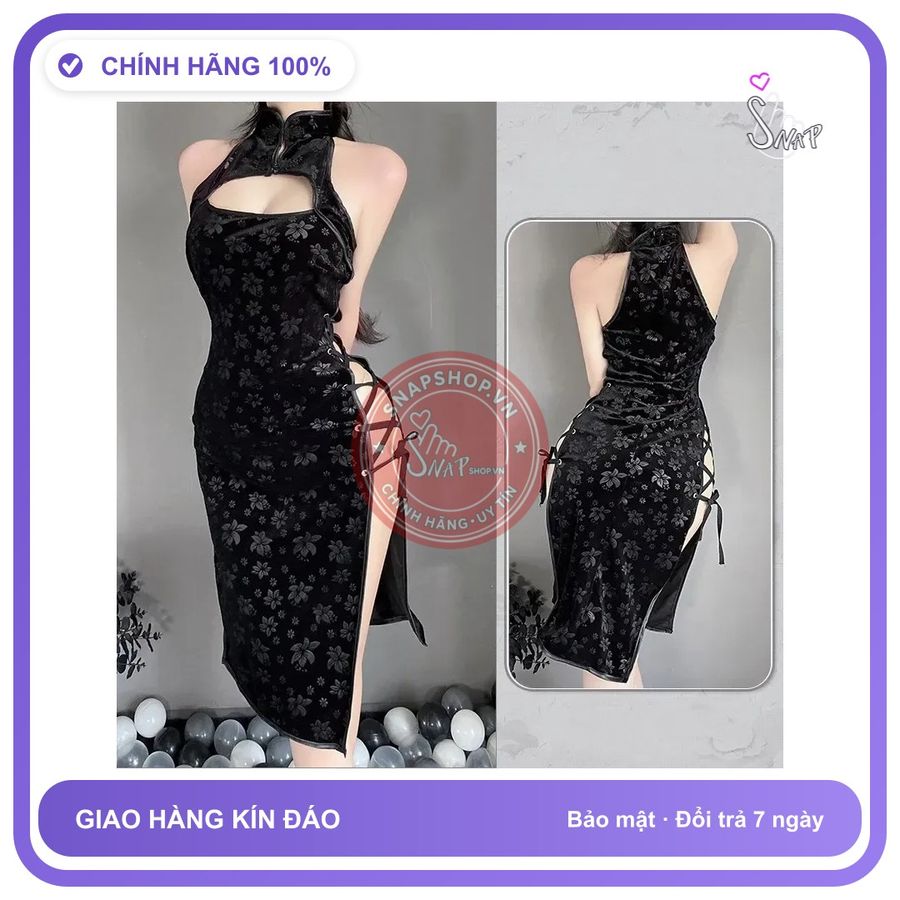 Váy Sườn Xám Đan Dây Hông Sexy Nhung Họa N785 Đen chính hãng - freesize, chất vải mềm mát, đường may tỉ mỉ - giao hàng che tên kín đáo