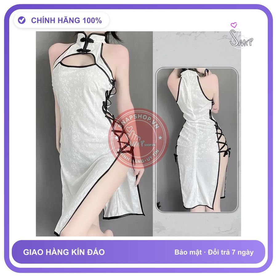 Váy Sườn Xám Đan Dây Hông Sexy Nhung Họa N785 Trắng chính hãng - freesize, chất vải mềm mát, đường may tỉ mỉ - giao hàng che tên kín đáo