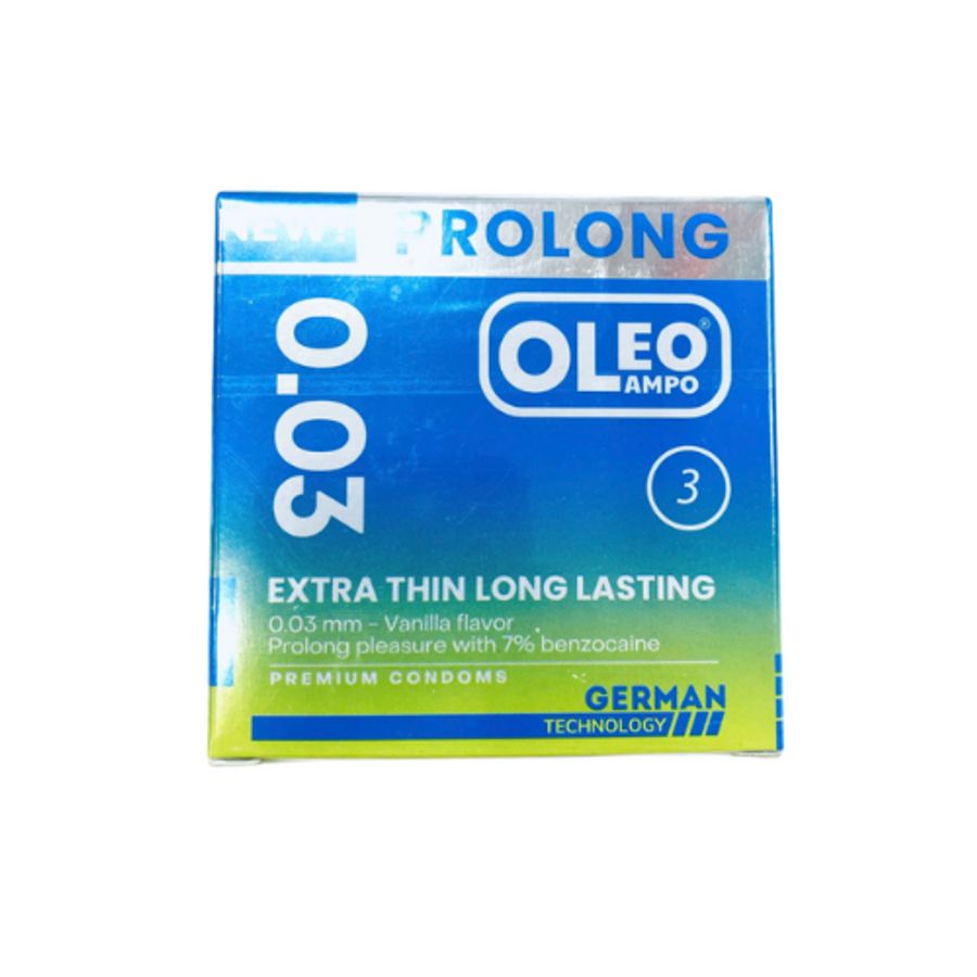 Bao cao su kéo dài thời gian Oleo Lampo Prolong 003 Extra Thin Long Lasting hộp 3 cái hàng có sẵn
