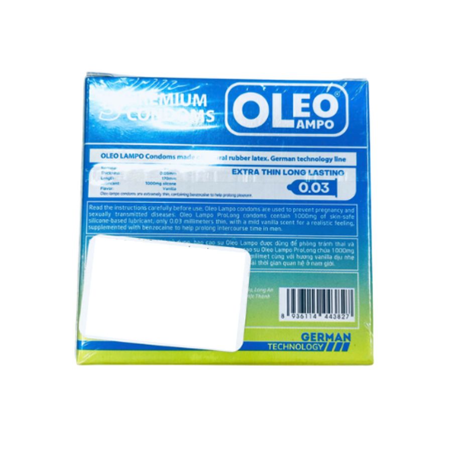 Bao cao su kéo dài thời gian Oleo Lampo Prolong 003 Extra Thin Long Lasting hộp 3 cái giao nhanh