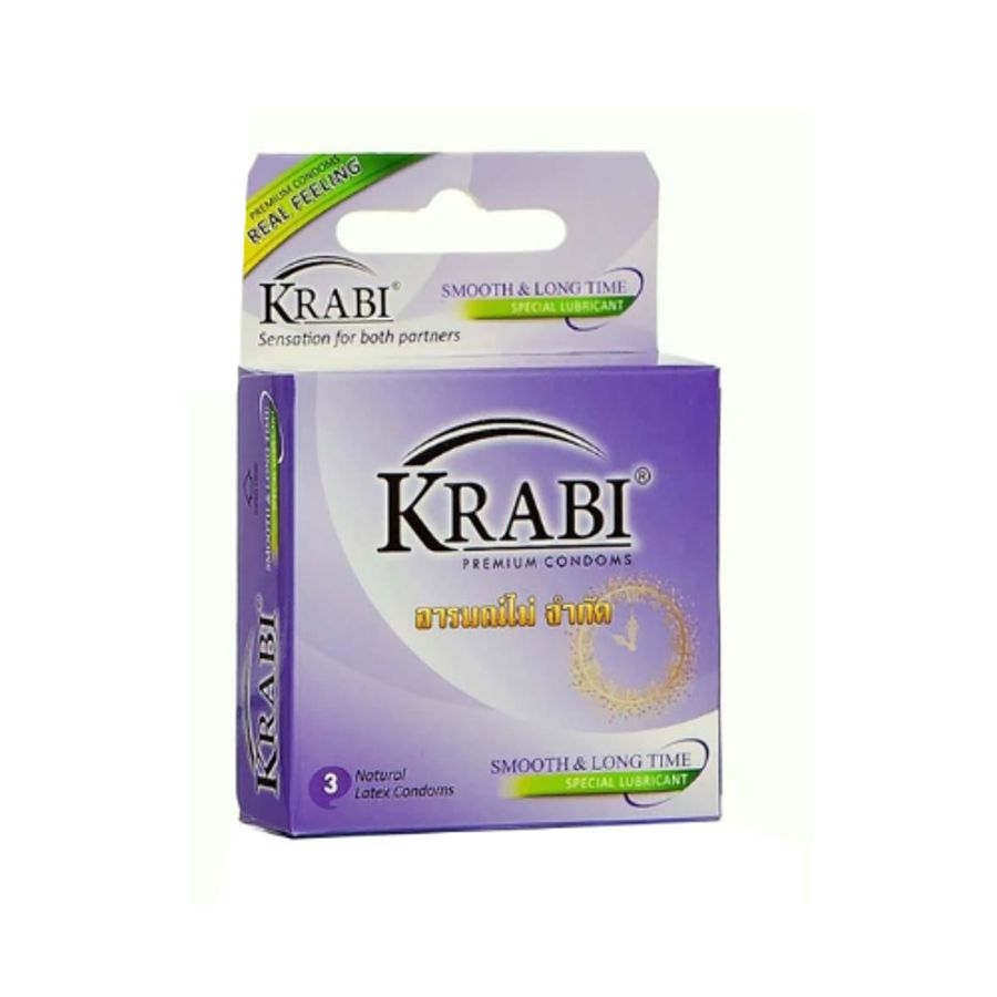 Bao cao su Krabi Smooth & Longtime trơn, kéo dài (tím) hộp 3 cái bản tiêu chuẩn