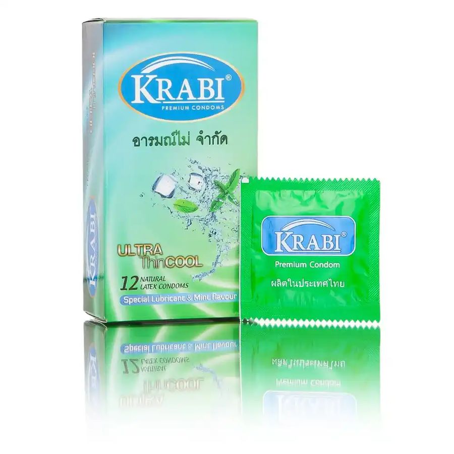Bao cao su Krabi Ultra Thin Cool siêu mỏng, hương bạc hà (xanh lá) hộp 12 cái