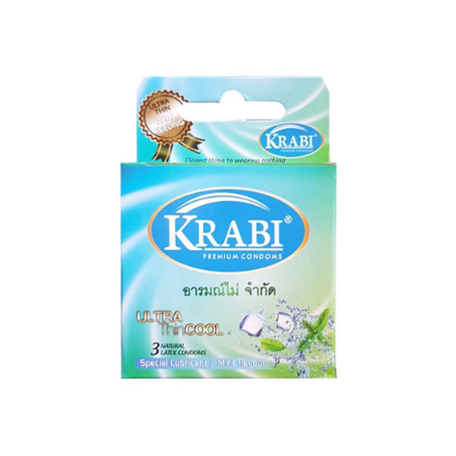 Bao cao su Krabi Ultra Thin Cool siêu mỏng, hương bạc hà (xanh lá) hộp 3 cái hàng có sẵn