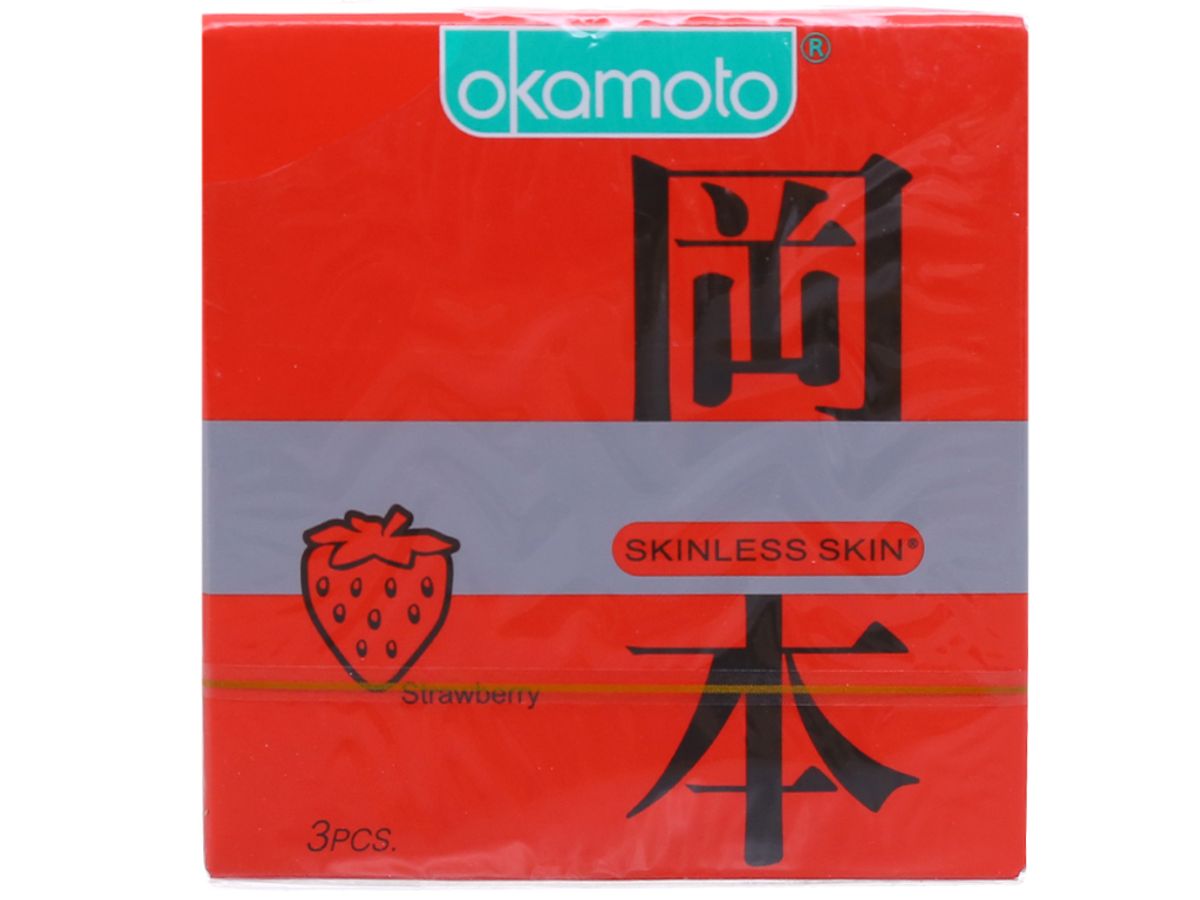 Bao Cao Su Okamoto Skinless Skin Strawberry Hương Dâu hộp 3 cái hàng có sẵn