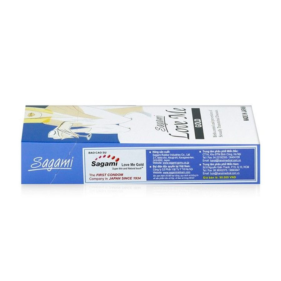 Bao cao su siêu mỏng, trơn, truyền thống Sagami Love Me Gold Blue Box (xanh) hộp 10 cái hàng có sẵn