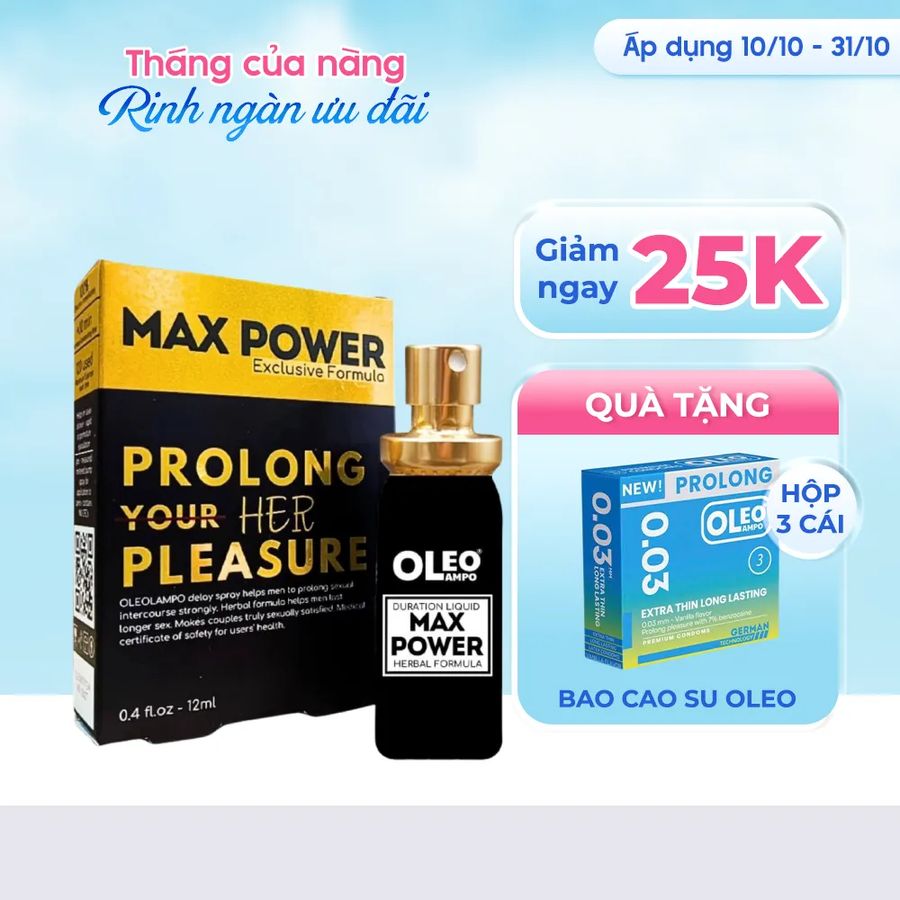 [Giảm 25k + quà tặng] Chai xịt kéo dài Max Power Oleo Lampo hộp 1 chai 12ml