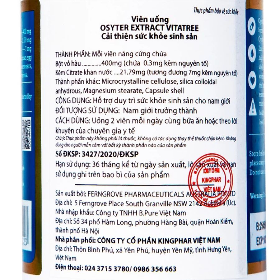 Hỗ trợ duy trì sức khỏe sinh sản cho nam giới Oyster Extract Vitatree lọ 90 viên hàng có sẵn
