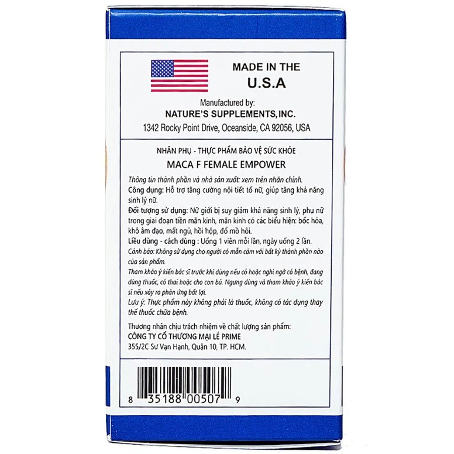 Hỗ trợ tăng cường nội tiết tố MacaF Female hộp 1 lọ x 60 viên giao nhanh