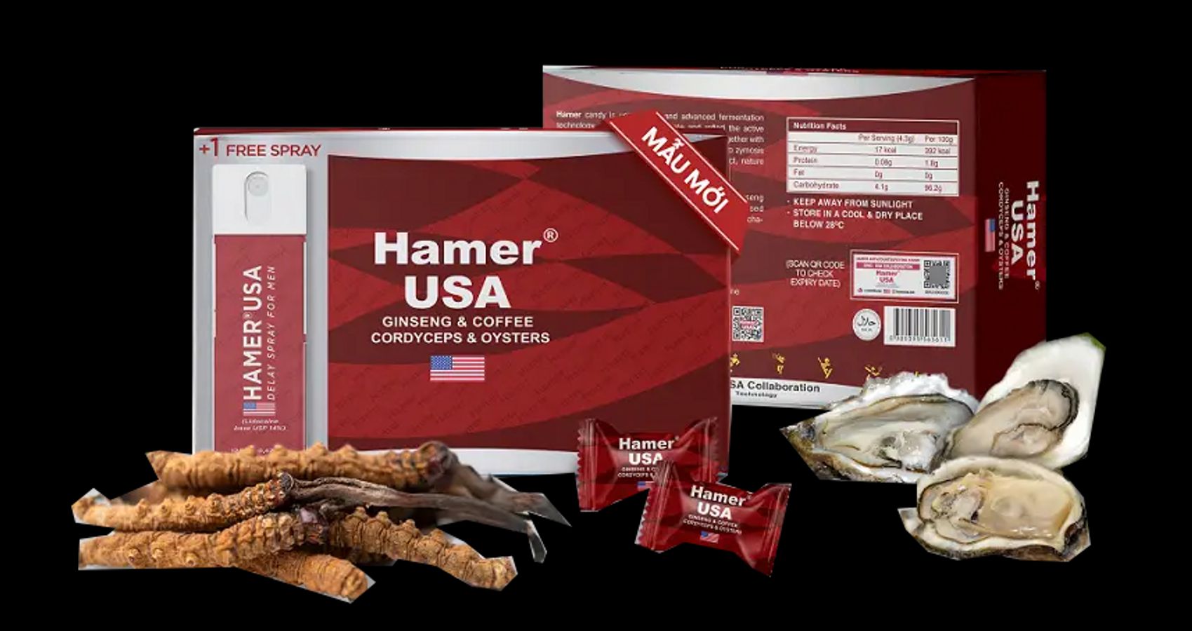 Kẹo sâm Hamer USA hộp 24 viên Tặng kèm chai xịt chống xuất tinh sớm chính hãng