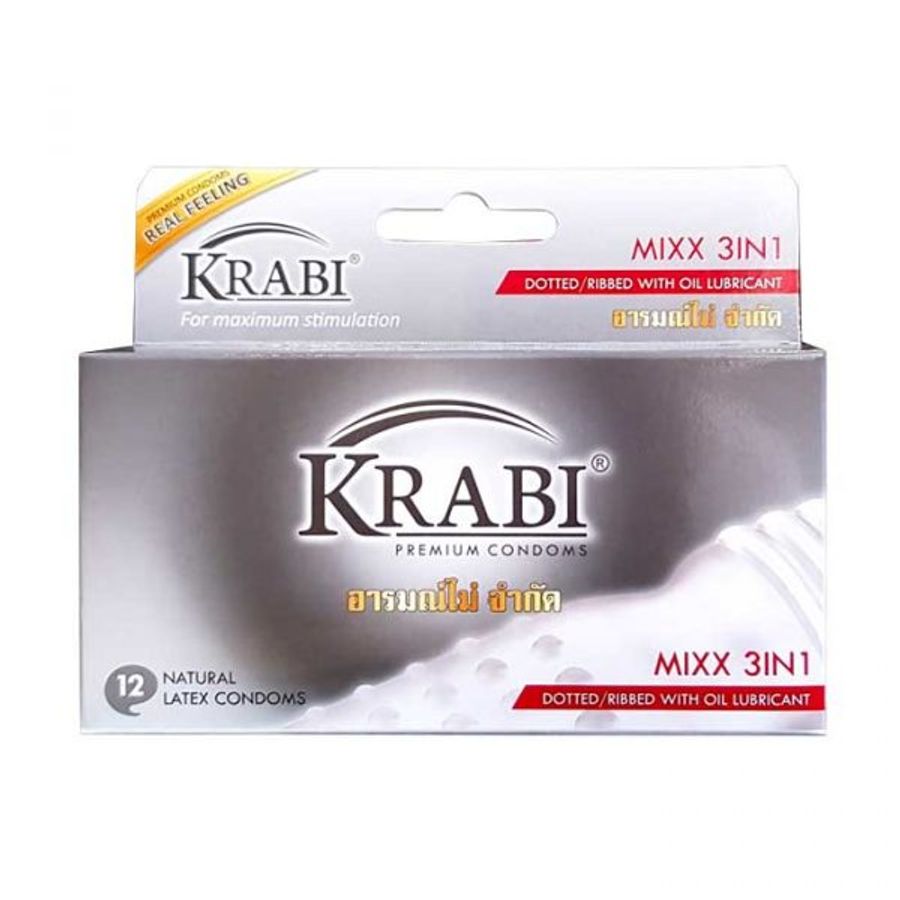 [MUA 1 TẶNG 1] Bao cao su Krabi Mixx 3in1 gân, gai, gel bôi trơn (xám) hộp 12 cái - Tặng 1 hộp 3 cái hàng có sẵn