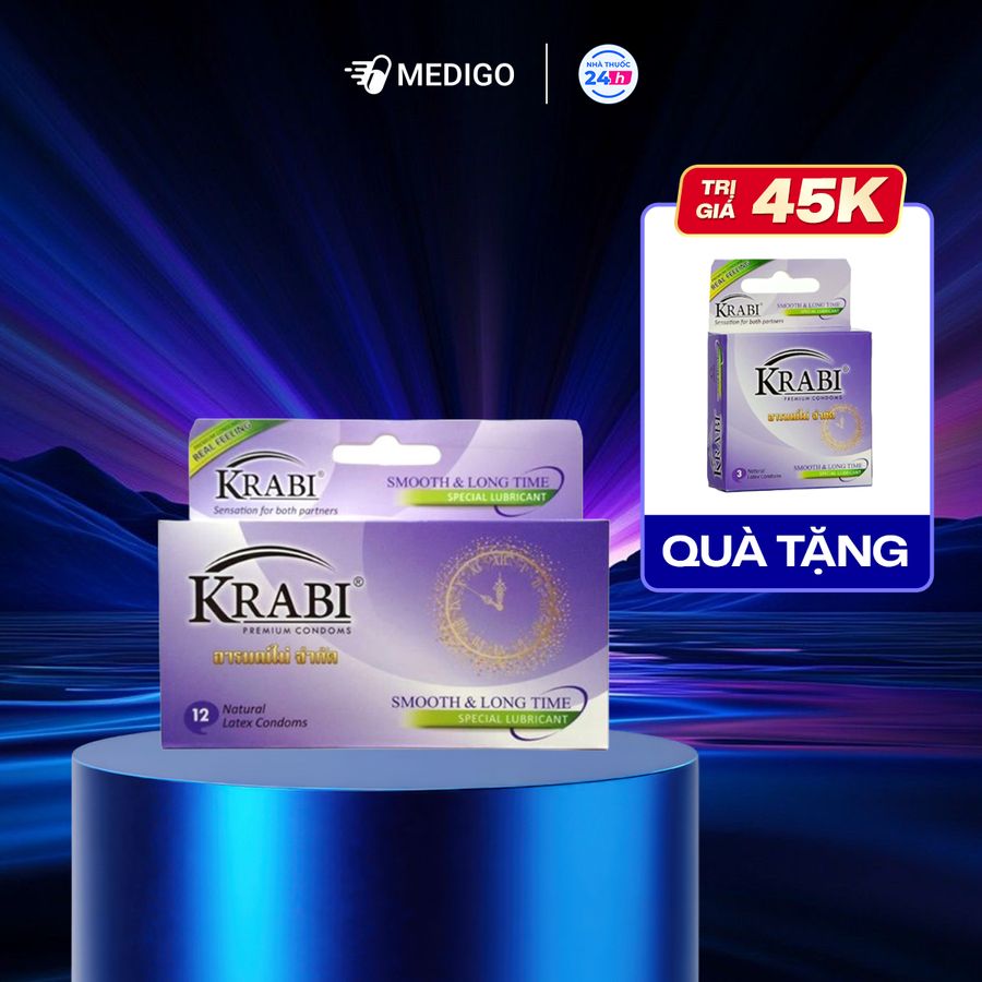 [MUA 1 TẶNG 1] Bao cao su Krabi Smooth & Longtime trơn, kéo dài (tím) hộp 12 cái - Tặng 1 hộp 3 cái