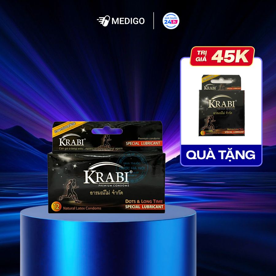[MUA 1 TẶNG 1]Bao cao su có gai và kéo dài thời gian Krabi Dots & Long Time hộp 12 cái - Tặng 1 hộp 3 cái