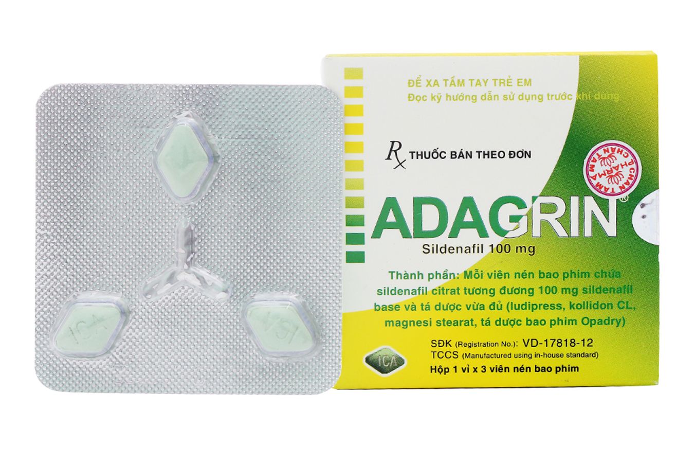 Viên uống rối loạn cương dương Adagrin 100mg hộp 3 viên mẫu mới