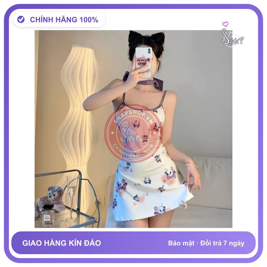 Váy Ngủ 2 Dây Có Mút Ngực Hoạ Tiết N227 chính hãng - co giãn thoải mái, freesize, set đầy đủ phụ kiện - giao hàng che tên kín đáo