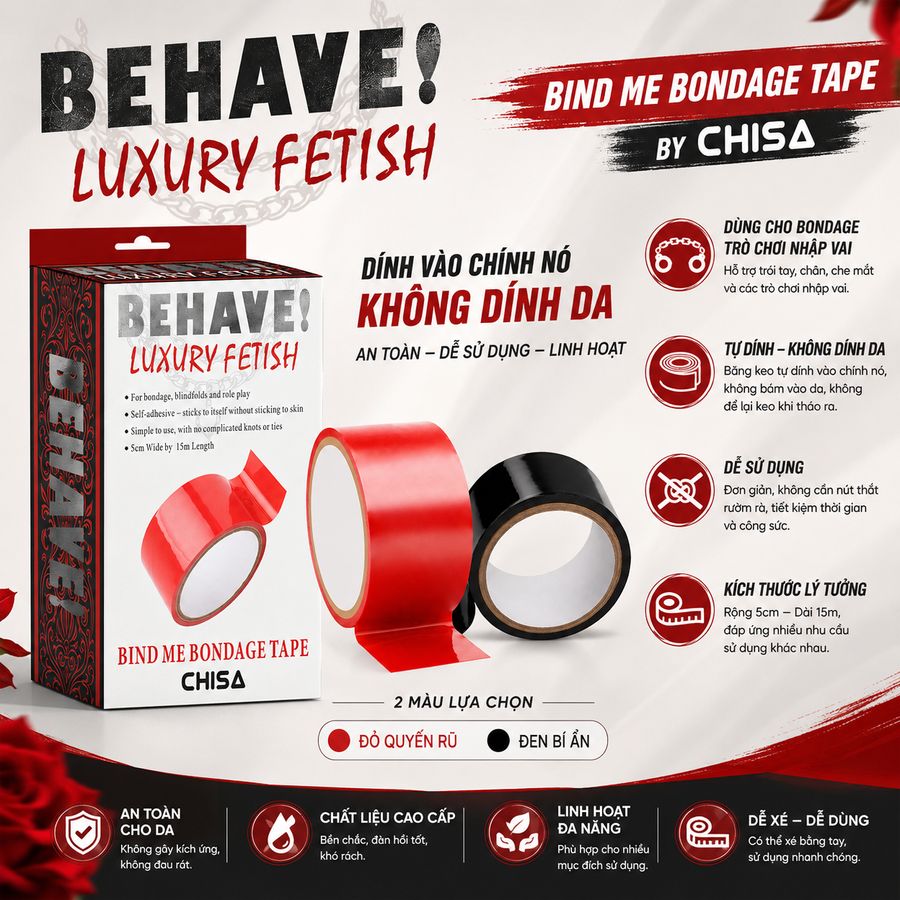Băng Keo Dính BDSM Behave Luxury Fetish Bondage Tape Màu Đỏ chính hãng - chất liệu an toàn cho da, dễ vệ sinh, êm ái khi dùng - giao hàng che tên kín đáo