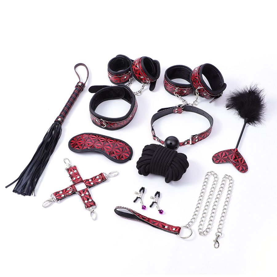Bộ Dụng Cụ BDSM Bọc Da Cao Cấp Vân Đỏ chính hãng - chất liệu an toàn cho da, dễ vệ sinh, êm ái khi dùng - giao hàng che tên kín đáo