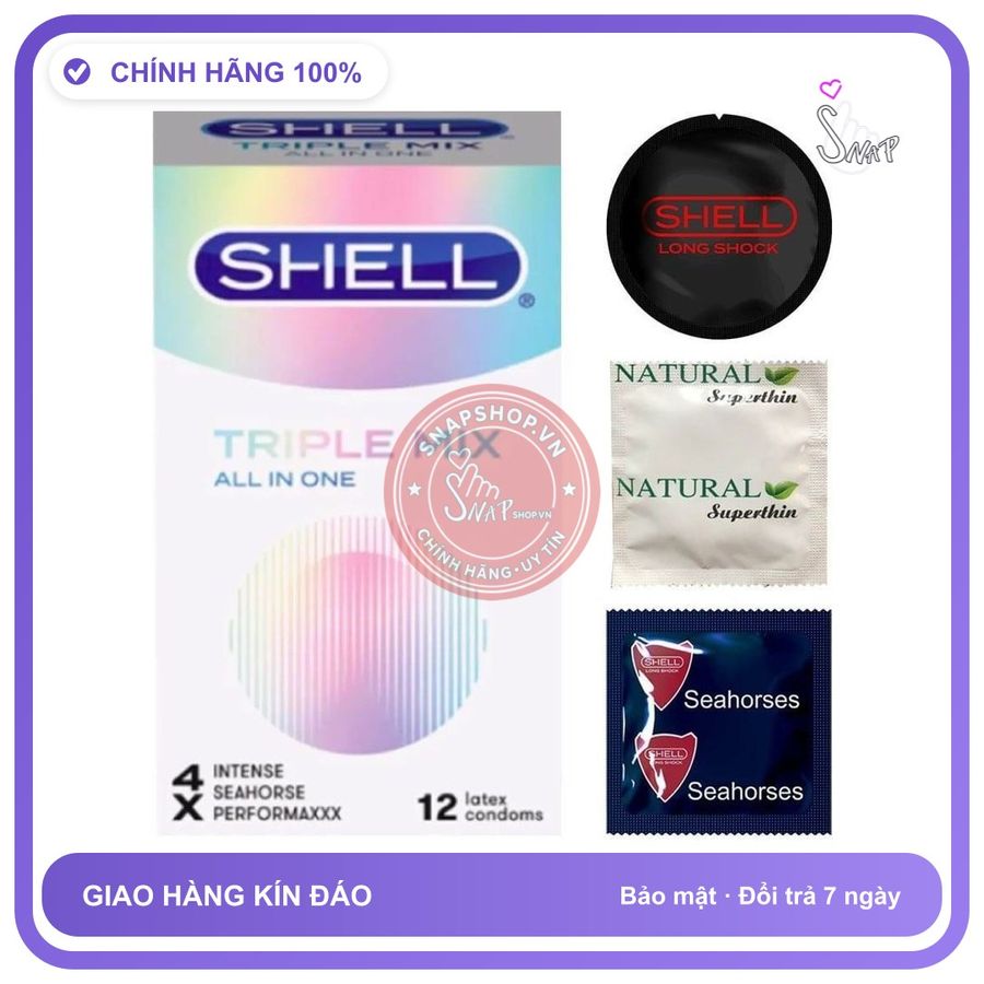 Bao Cao Su Shell Triple Mix - Siêu Mỏng, Hộp 12 Cái chính hãng - có gai nổi, có hương thơm, ôm sát cảm giác thật - giao hàng che tên kín đáo