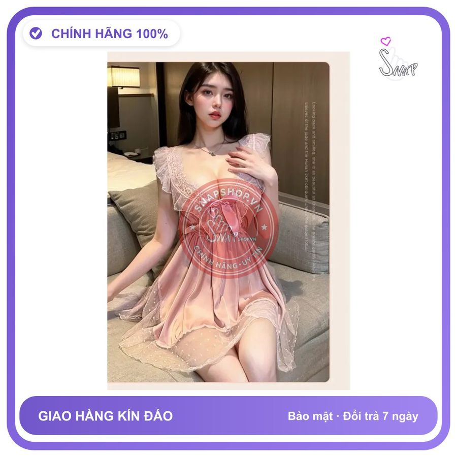 Váy Ngủ Sexy Lụa Phối Ren Chấm Bi Đẹp N169 Hồng chính hãng - chất lụa mát mềm, freesize, chất vải mềm mát - giao hàng che tên kín đáo