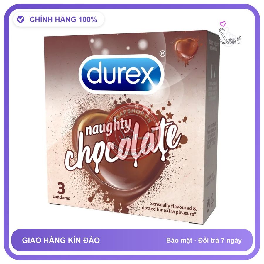 Bao Cao Su Durex Naughty Chocolate Hộp 3 Cái chính hãng - có hương thơm, ôm sát cảm giác thật, chất liệu latex an toàn - giao hàng che tên kín đáo