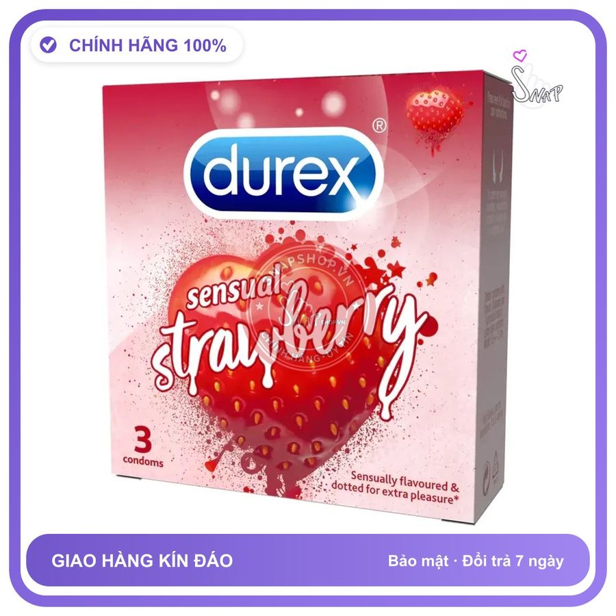 Bao Cao Su Durex Sensual Strawberry Hộp 3 Cái chính hãng - có hương thơm, ôm sát cảm giác thật, chất liệu latex an toàn - giao hàng che tên kín đáo