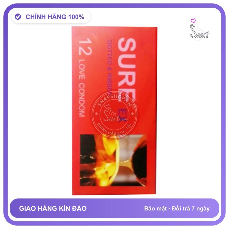 Bao Cao Su Sure Đỏ - Trơn Mịn - Hộp 12 cái chính hãng - siêu mỏng, có gai nổi, hỗ trợ kéo dài - giao hàng che tên kín đáo