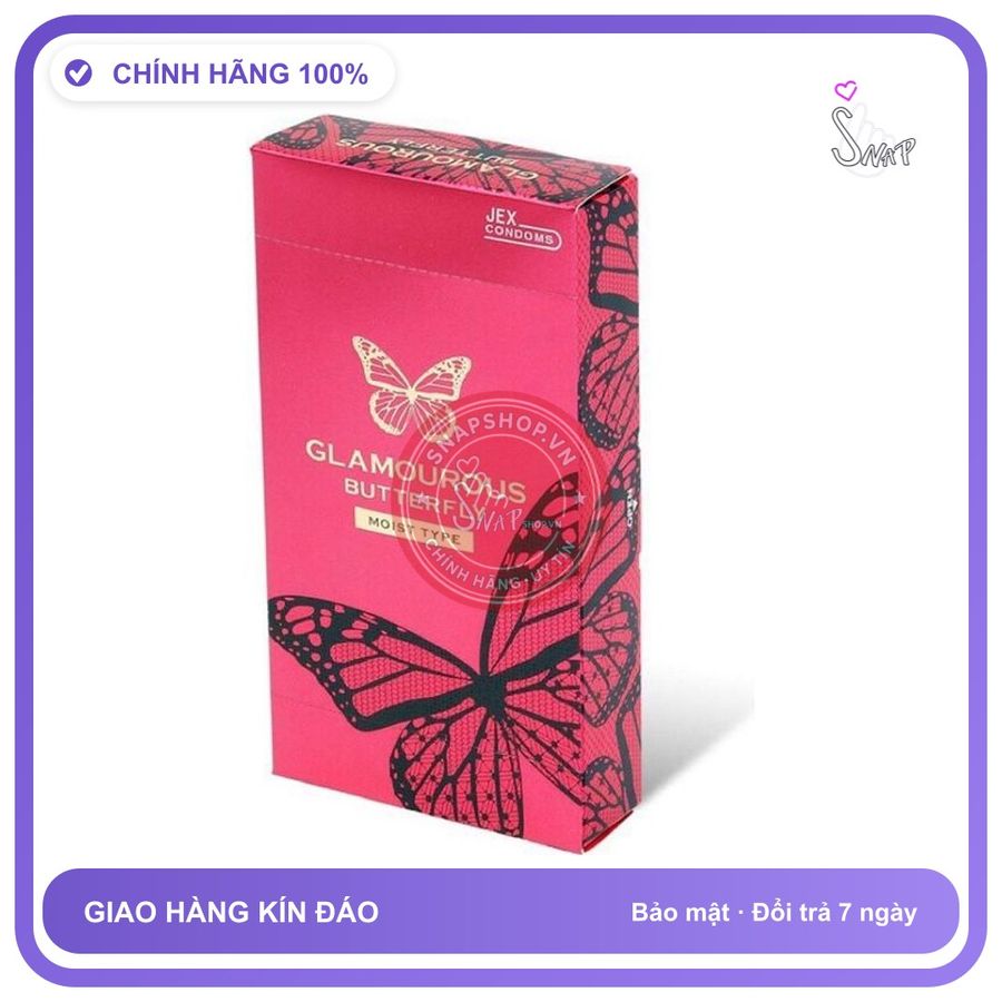 Bao Cao Su Jex Glamourous Butterfly Moist Mỏng 8s chính hãng - nhiều gel bôi trơn, hộp 12 cái, hỗ trợ kéo dài - giao hàng che tên kín đáo