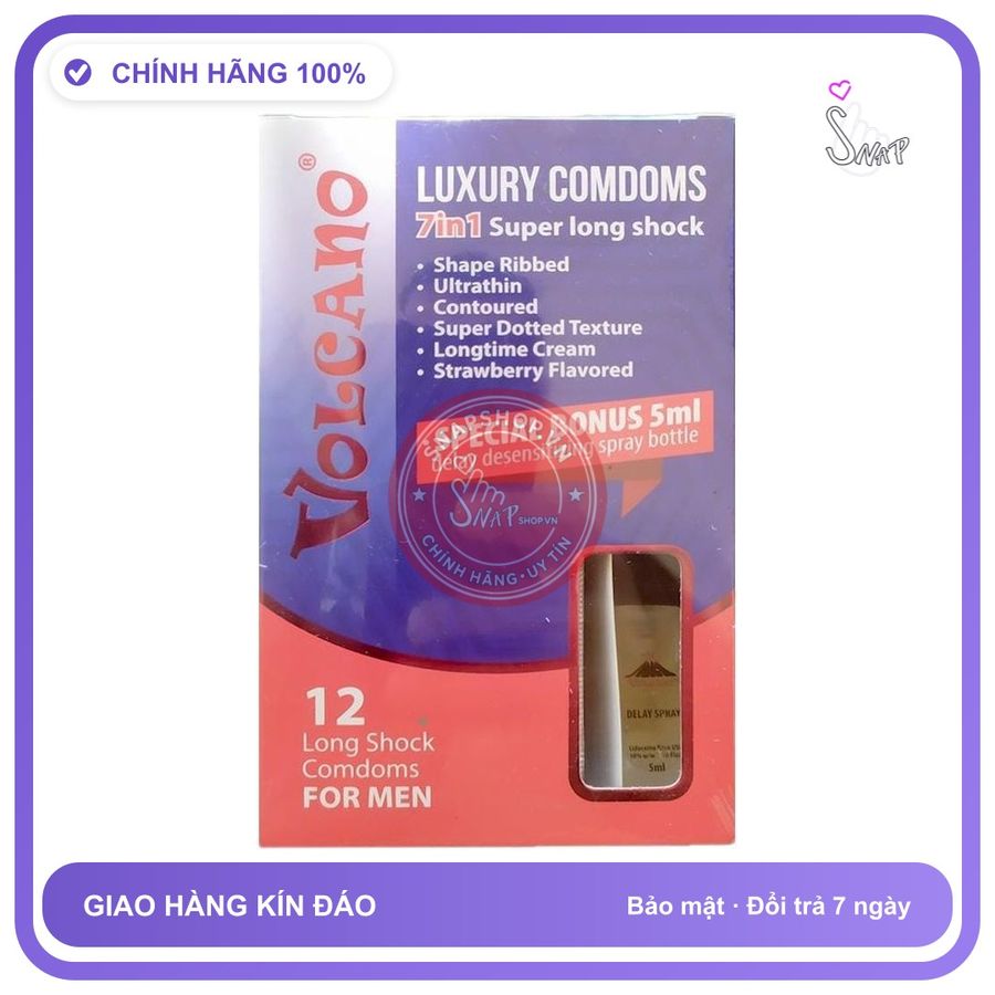 Bao Cao Su Volcano 7in1 + Chai Xịt Cao Cấp Volcano 5ml chính hãng - hộp 12 cái, hỗ trợ kéo dài, có hương thơm - giao hàng che tên kín đáo