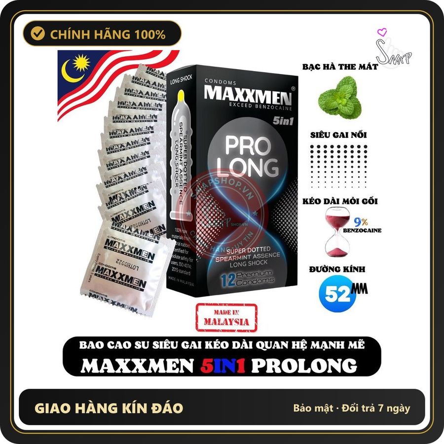(Che Tên) Bao Cao Su Cao Cấp Maxman 5in1 Prolong – Kéo Dài Thời Gian – Gai Lớn Hộp 12 Cái - Snapshop
