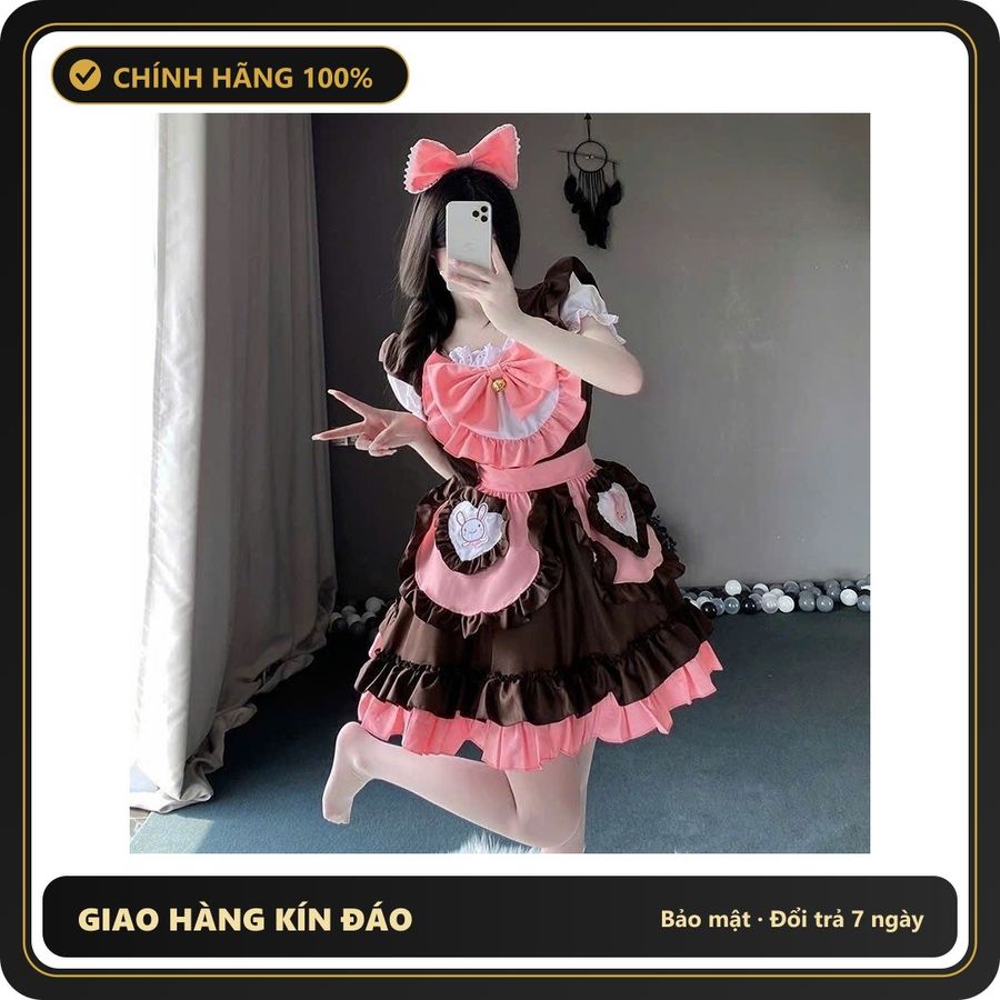 (Che Tên) Váy Cosplay Nàng Hầu Thỏ Phối Nơ Hồng - Đồ Hóa Trang Phong Cách Lolita Cho Dịp Tiệc và Sự Kiện Cosplay Hộp Trắng Kín