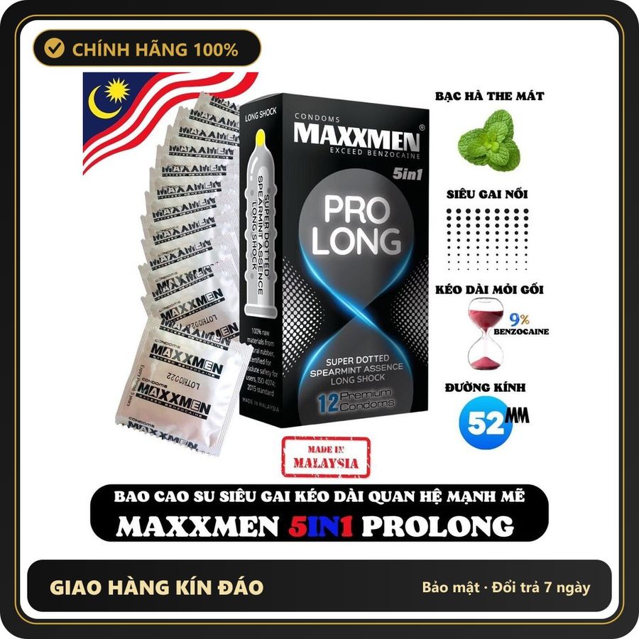 (Che Tên) Bao Cao Su Cao Cấp Maxxmen 5in1 Prolong – Kéo Dài Thời Gian – Gai Lớn 567862 Chuẩn Auth