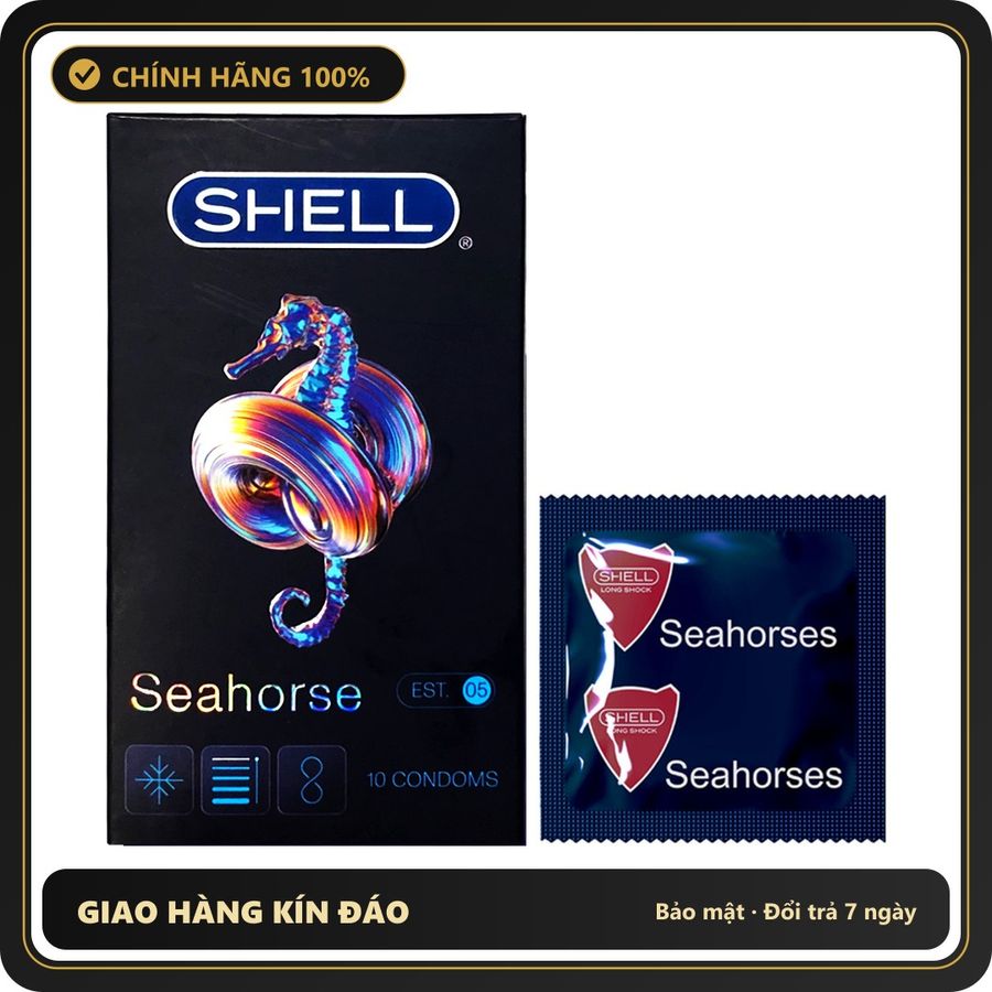 (Che Tên) Bao Cao Su Shell Sea Horse – Kéo Dài Thời Gian, Gân Xoắn Bảo Mật Tuyệt Đối
