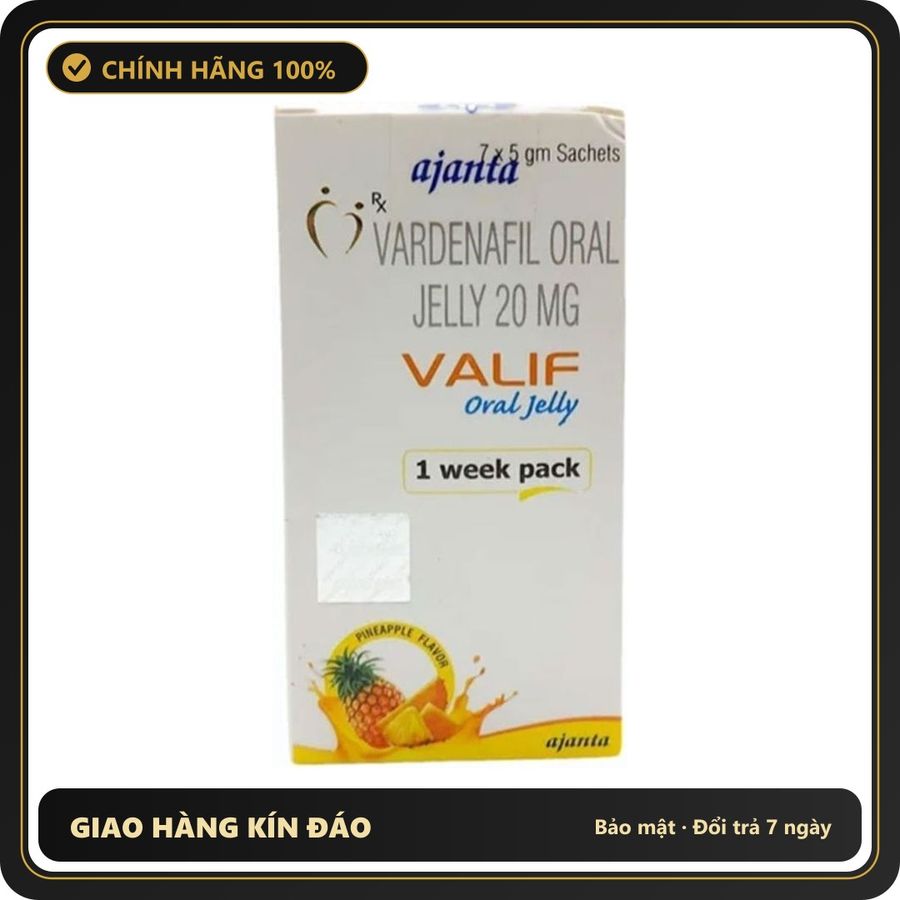 (Che Tên) Thạch Trái Cây Vardenafill Oral Jelly Vị Dứa - Hộp 7 Gói Hộp Trắng Kín