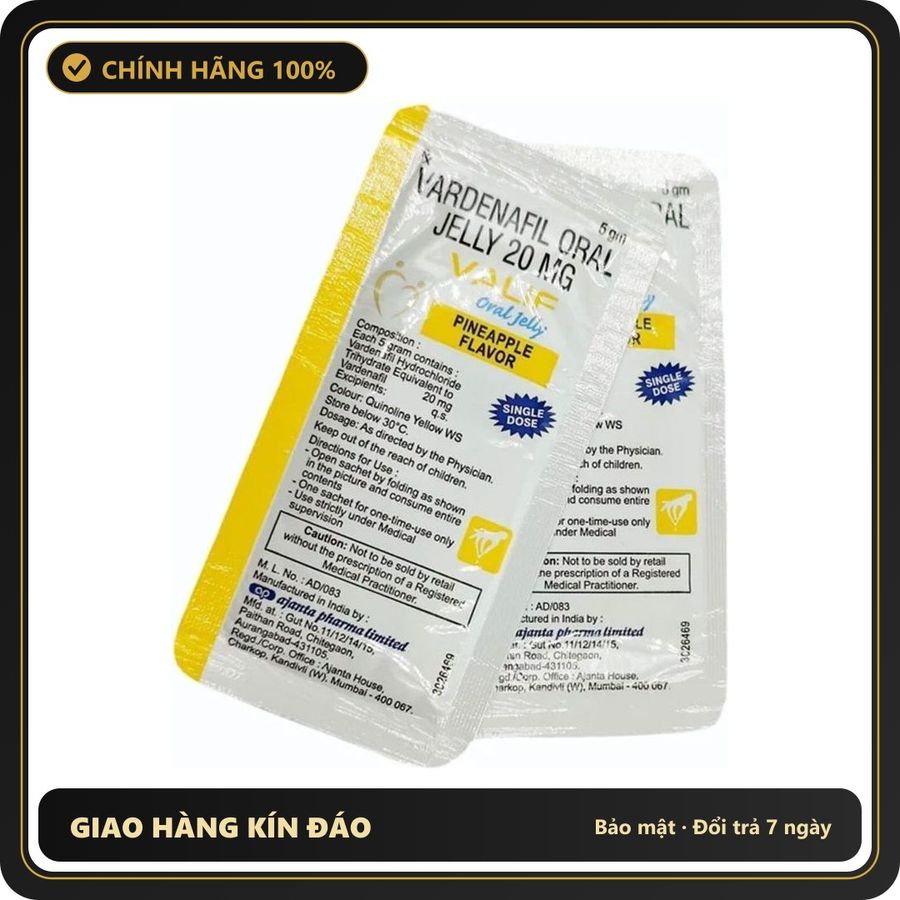 (Che Tên) Thạch Trái Cây Vardenafill Oral Jelly Vị Dứa - Lẻ 1 Gói Hộp Trắng Kín