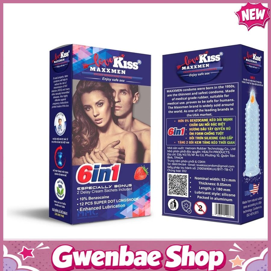 Bao cao su gai gân kéo dài thời gian kèm gói kem bôi kéo dài Maxxmen 6in1 - Hộp 12 cái - Gwen Shop Chính Hãng