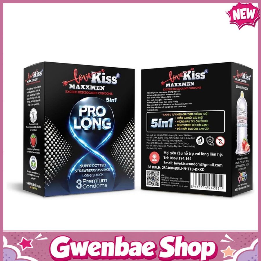 Bao cao su kéo dài thời gian gân gai hương dâu Lovekiss Maxxmen Prolong - Hộp 3 cái - Gwen Shop Chính Hãng